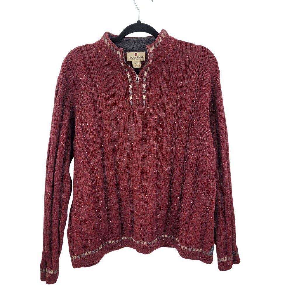 Woolrich Womens XL Ruby Heather Henley Sweater Wool Ribbed‎ Knit Red Flecked